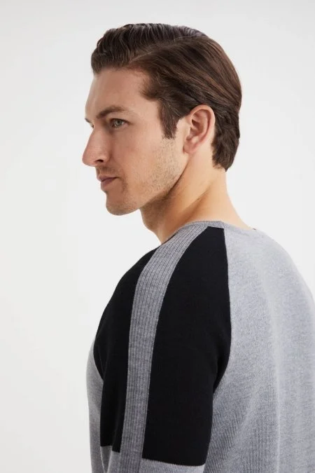 Bisiklet Yaka Merino Yün Desen Açık Gri Siyah Kazak