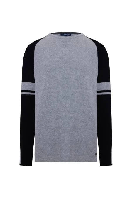 Bisiklet Yaka Merino Yün Desen Açık Gri Siyah Kazak