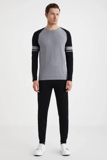 Bisiklet Yaka Merino Yün Desen Açık Gri Siyah Kazak