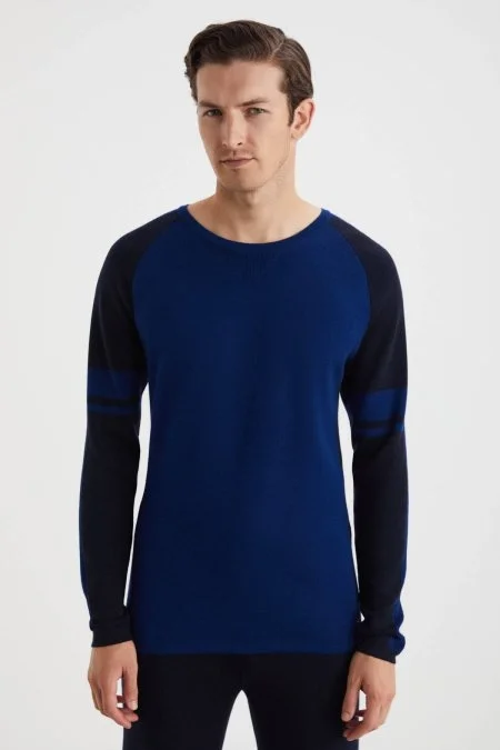 Bisiklet Yaka Merino Yün Desen Koyu Lacivert Kazak