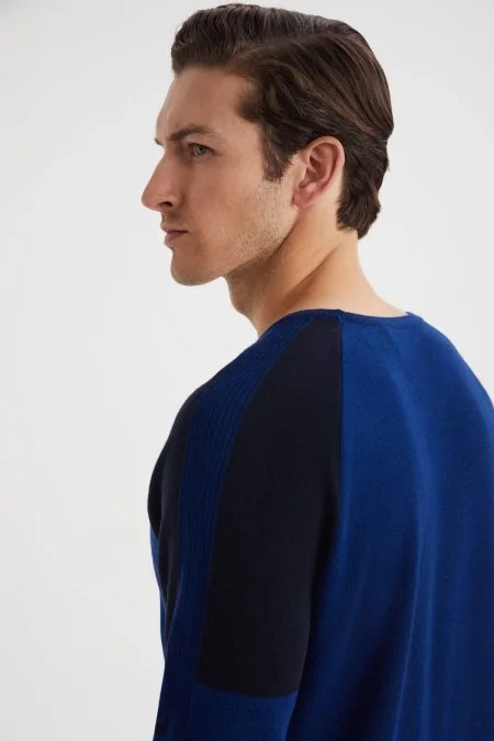 Bisiklet Yaka Merino Yün Desen Koyu Lacivert Kazak