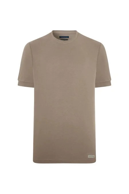 Bisiklet Yaka Rahat Kesim Saf Pamuk Vizon Rengi T-Shirt