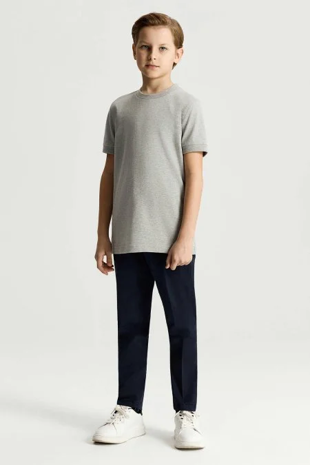 Bisiklet Yaka Rahat Resim Saf Pamuk Açık Gri Çocuk T-Shirt