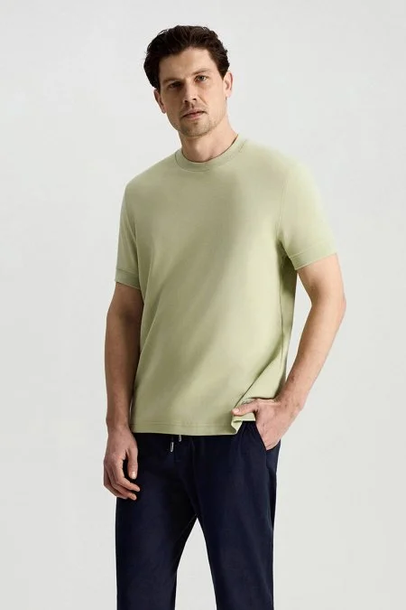 Bisiklet Yaka Rahat Resim Saf Pamuk Açık Yeşil T-Shirt