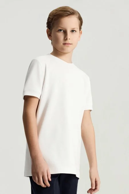 Bisiklet Yaka Rahat Resim Saf Pamuk Beyaz Çocuk T-Shirt