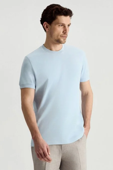 Bisiklet Yaka Rahat Resim Saf Pamuk Mavi T-Shirt