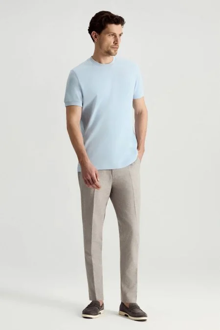 Bisiklet Yaka Rahat Resim Saf Pamuk Mavi T-Shirt