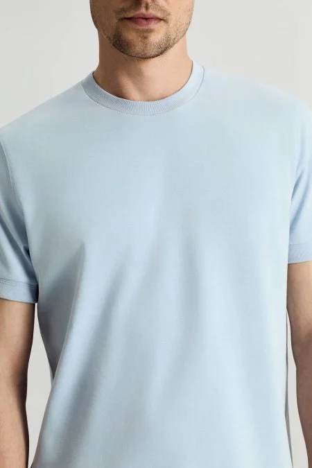 Bisiklet Yaka Rahat Resim Saf Pamuk Mavi T-Shirt