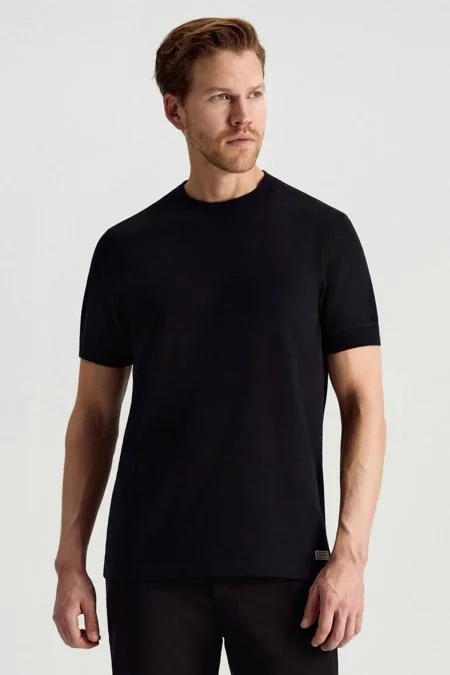 Bisiklet Yaka Rahat Resim Saf Pamuk Siyah T-Shirt