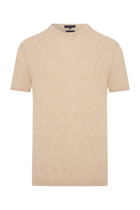 Bisiklet Yaka Saf Pamuk Açık Bej Triko T-Shirt
