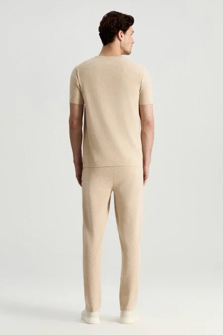 Bisiklet Yaka Saf Pamuk Açık Bej Triko T-Shirt