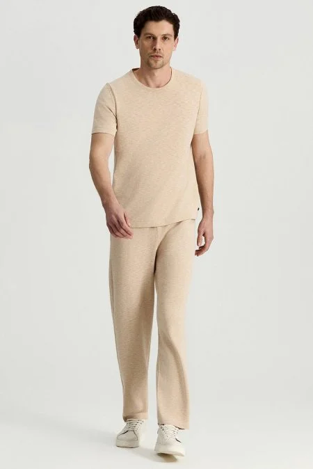 Bisiklet Yaka Saf Pamuk Açık Bej Triko T-Shirt