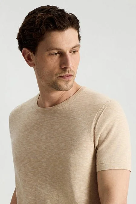 Bisiklet Yaka Saf Pamuk Açık Bej Triko T-Shirt