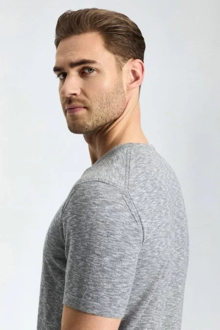 Bisiklet Yaka Saf Pamuk Açık Gri Triko T-Shirt