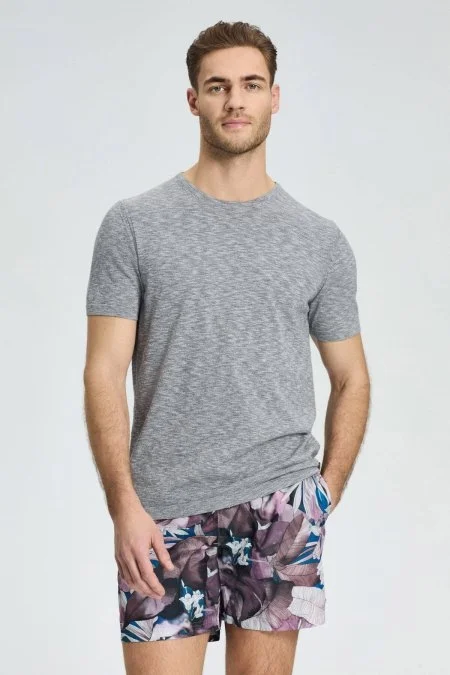 Bisiklet Yaka Saf Pamuk Açık Gri Triko T-Shirt