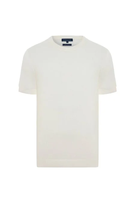 Bisiklet Yaka Saf Pamuk Beyaz Triko T-Shirt
