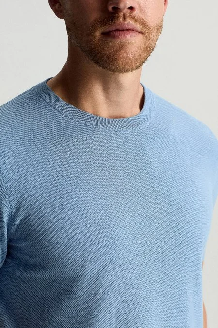 Bisiklet Yaka Saf Pamuk Mavi Triko T-Shirt