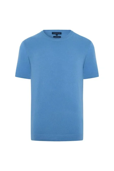 Bisiklet Yaka Saf Pamuk Mavi Triko T-Shirt