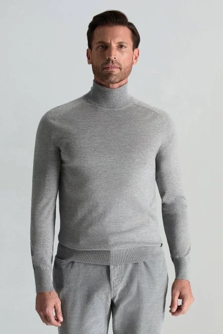 Açık Gri Boğazlı Slim Fit Merino Yün Triko