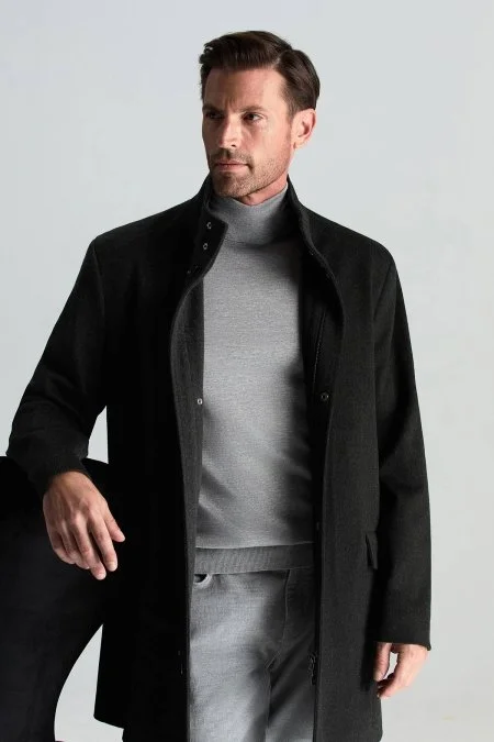 Açık Gri Boğazlı Slim Fit Merino Yün Triko