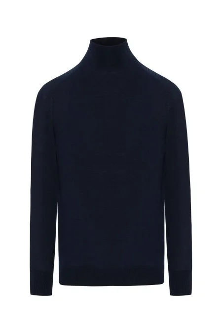 Boğazlı Slim Fit Merino Yün Lacivert Triko