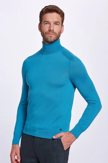 Boğazlı Slim Fit Zümrüt Yeşili Merino Yün Triko