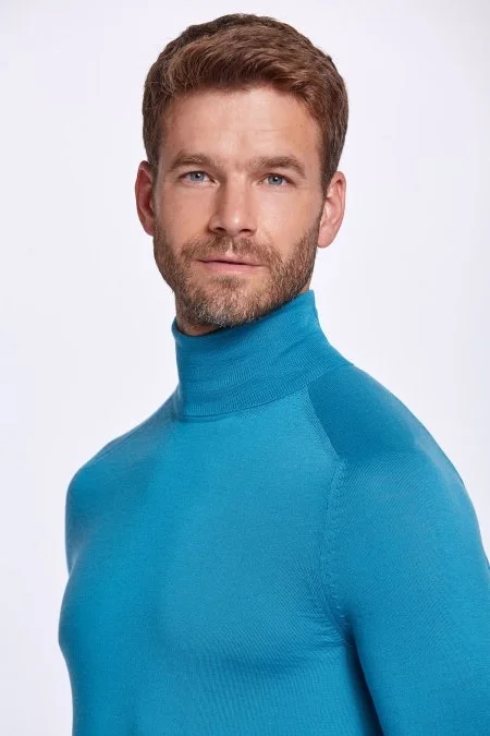 Boğazlı Slim Fit Zümrüt Yeşili Merino Yün Triko