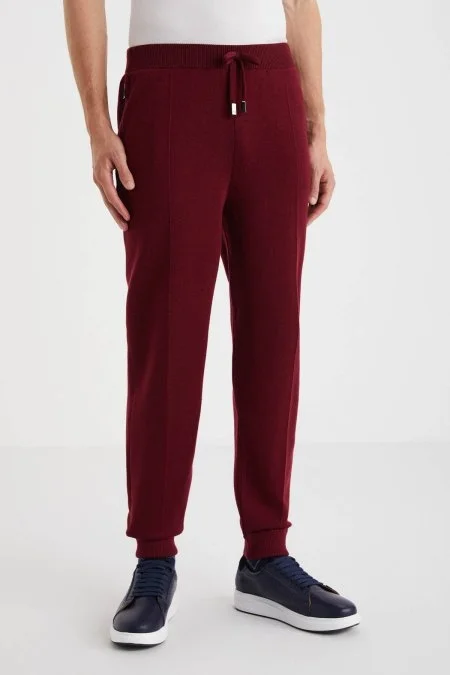 Bordo Merino Yün Activewear Triko Pantolon