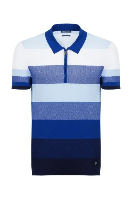 Lacivert Çizgili Fermuarlı Yaka Merserize Pamuk Triko Polo