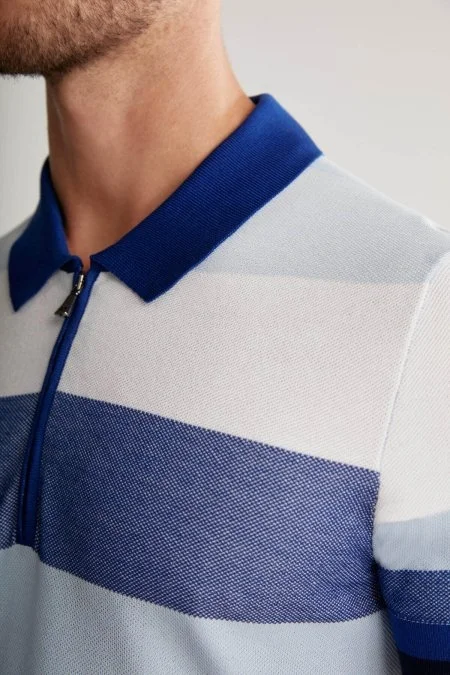 Lacivert Çizgili Fermuarlı Yaka Merserize Pamuk Triko Polo