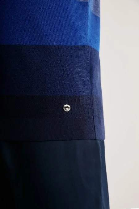 Lacivert Çizgili Fermuarlı Yaka Merserize Pamuk Triko Polo