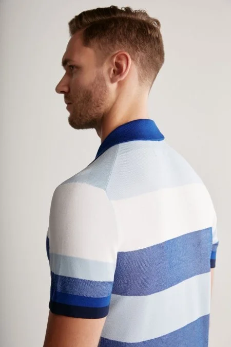 Lacivert Çizgili Fermuarlı Yaka Merserize Pamuk Triko Polo