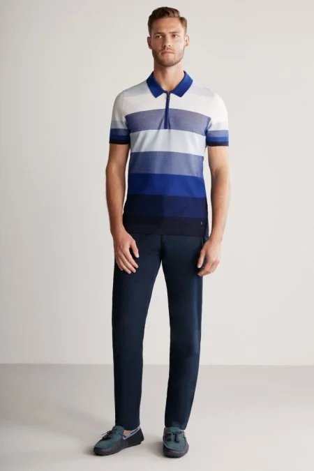 Lacivert Çizgili Fermuarlı Yaka Merserize Pamuk Triko Polo