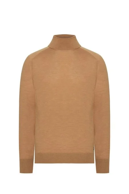 Camel Boğazlı Slim Fit Merino Yün Triko