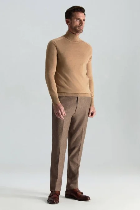 Camel Boğazlı Slim Fit Merino Yün Triko