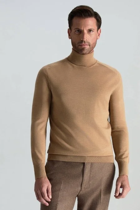 Camel Boğazlı Slim Fit Merino Yün Triko