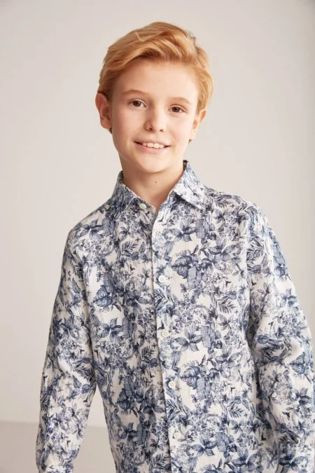 Çiçek Desen Beyaz-Mavi Saf Keten Çocuk Gömlek