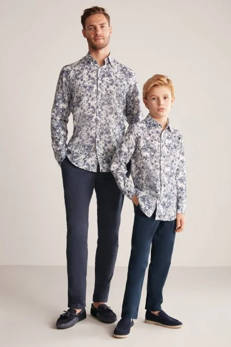 Çiçek Desen Beyaz-Mavi Saf Keten Çocuk Gömlek