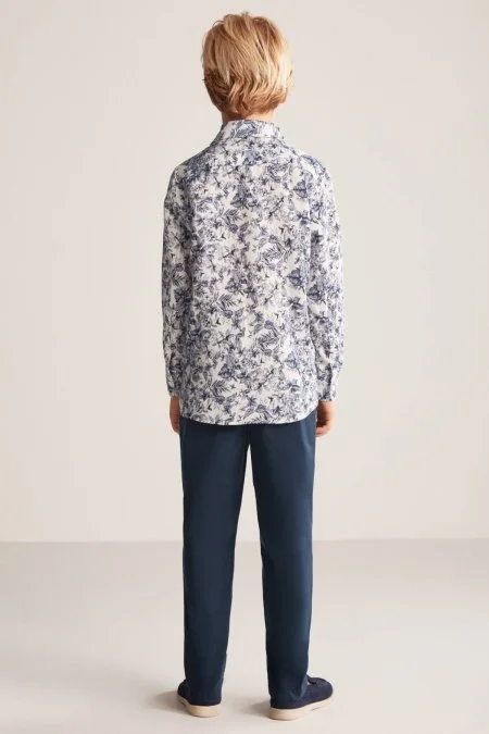 Çiçek Desen Beyaz-Mavi Saf Keten Çocuk Gömlek