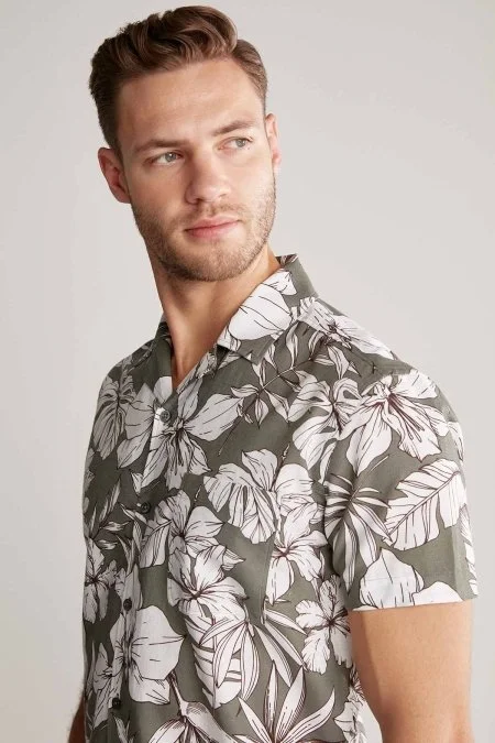 Çiçek Desen Keten Pamuk Karışım Haki Gömlek