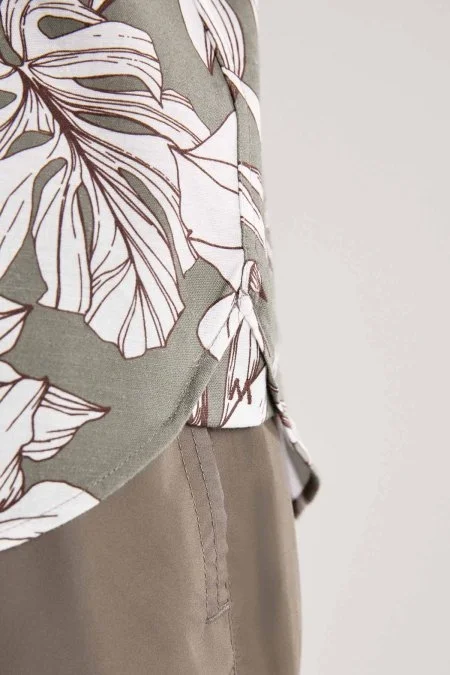 Çiçek Desen Keten Pamuk Karışım Haki Gömlek