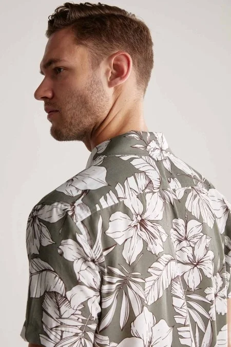 Çiçek Desen Keten Pamuk Karışım Haki Gömlek