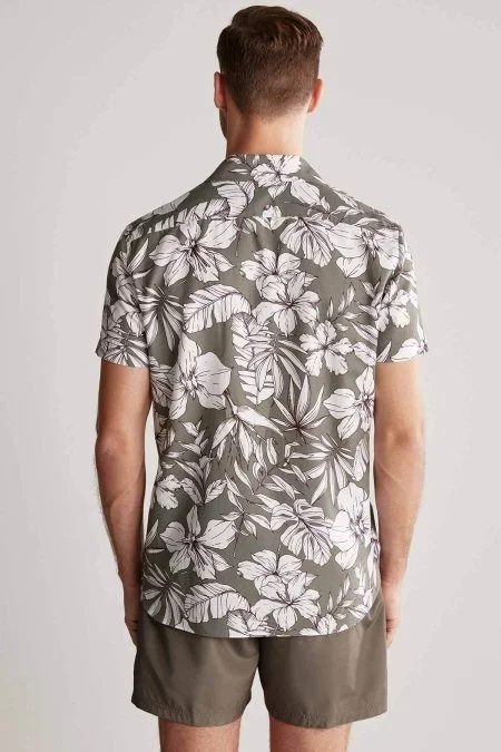 Çiçek Desen Keten Pamuk Karışım Haki Gömlek