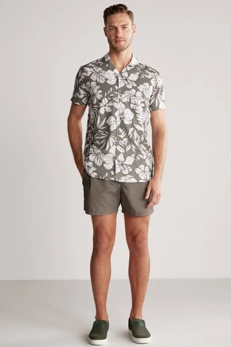 Çiçek Desen Keten Pamuk Karışım Haki Gömlek