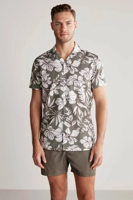 Çiçek Desen Keten Pamuk Karışım Haki Gömlek