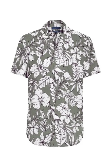 Çiçek Desen Keten Pamuk Karışım Haki Gömlek