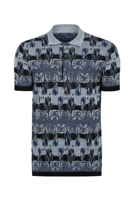 Çiçek Desen Keten Pamuk Lacivert Triko Polo
