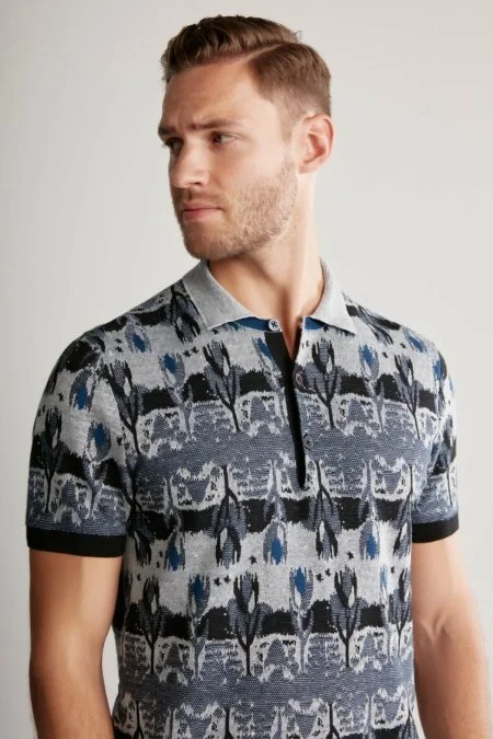 Çiçek Desen Keten Pamuk Lacivert Triko Polo