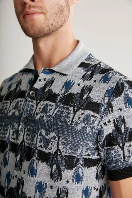 Çiçek Desen Keten Pamuk Lacivert Triko Polo