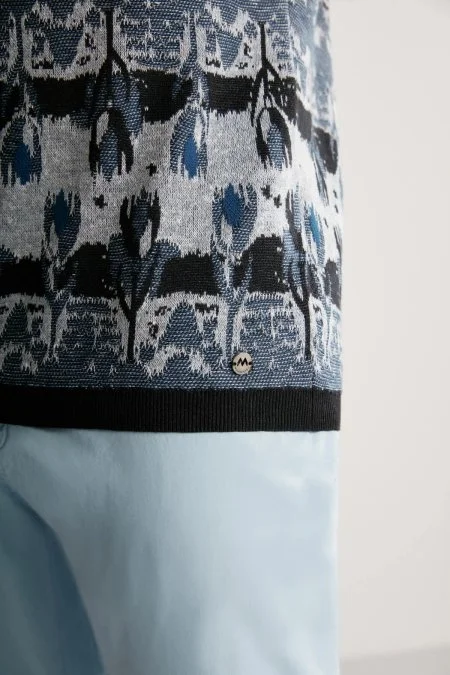 Çiçek Desen Keten Pamuk Lacivert Triko Polo